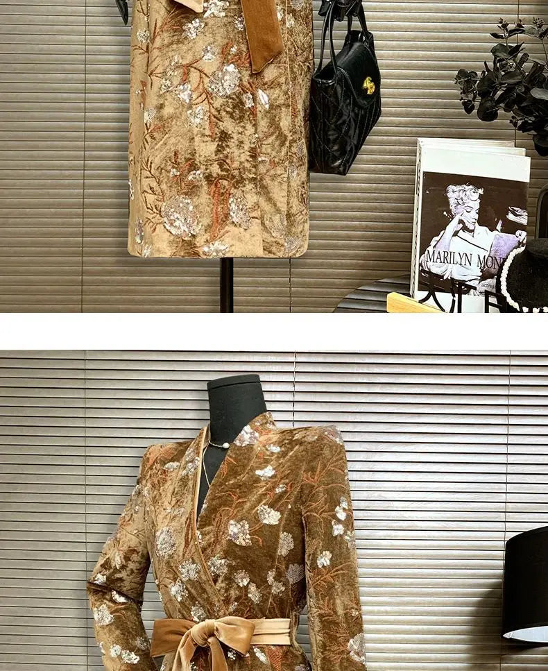 Golden Velvet Adjustable Waist Windbreaker Coat Autumn/Winter New English style Luxury Sequin Embroidered Women's Coat