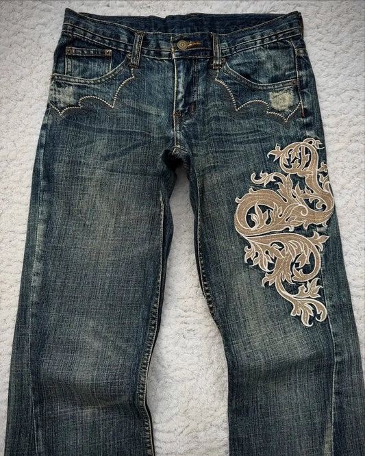 Retro Shallow Water Washing High-bright Lines Thorn Art Embroidery Pattern Y2K Blue Jeans Women's Personalized Micro-flare Pants