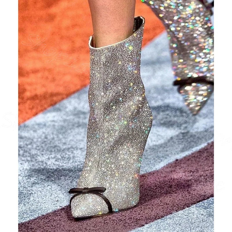 Silver Rhinestone Bow Knot Pointed Toe High Heel Boots For Women