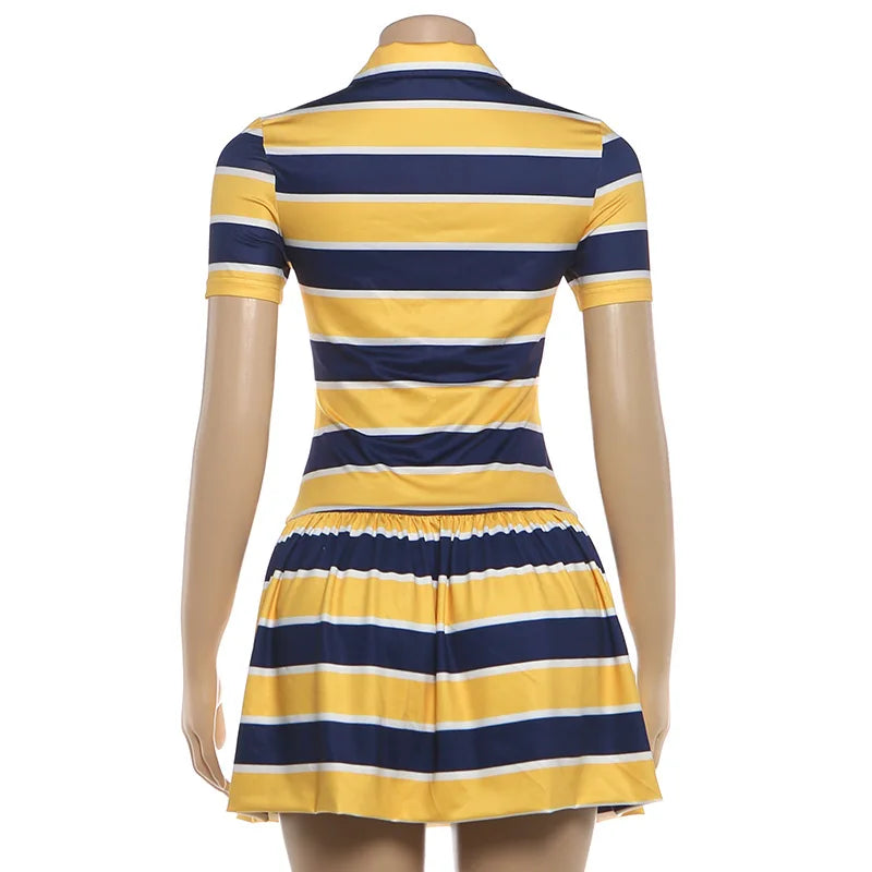 Vibrant Yellow Striped Patchwork Mini Dress for Women