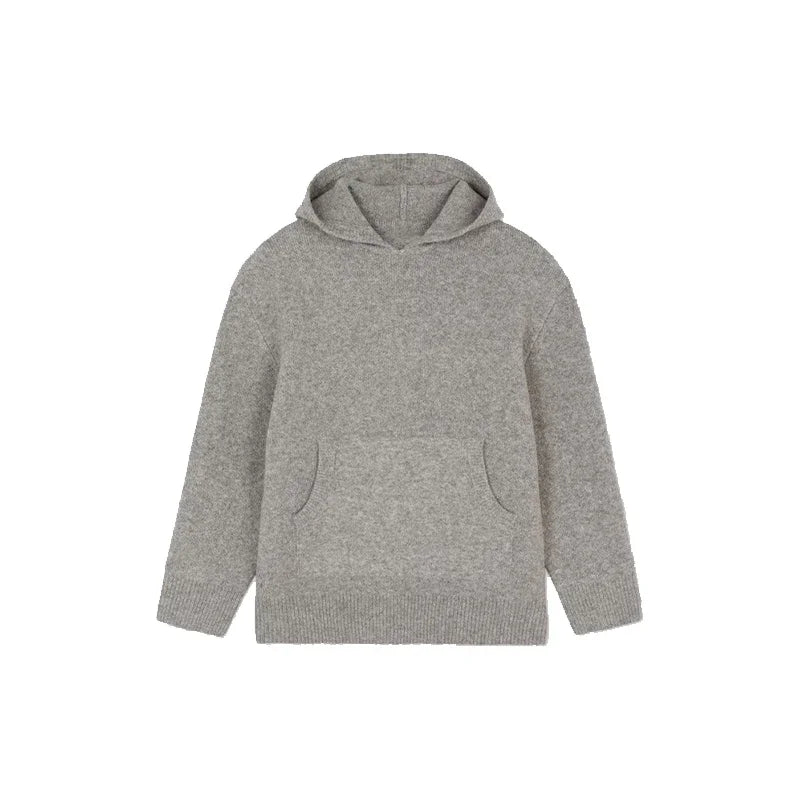 Green Women's Knit Hoodie Coat Full Sleeve Front Pocket  Casual Sweater Top 2025 Early Autumn Loose Female Knitwear Outerwear