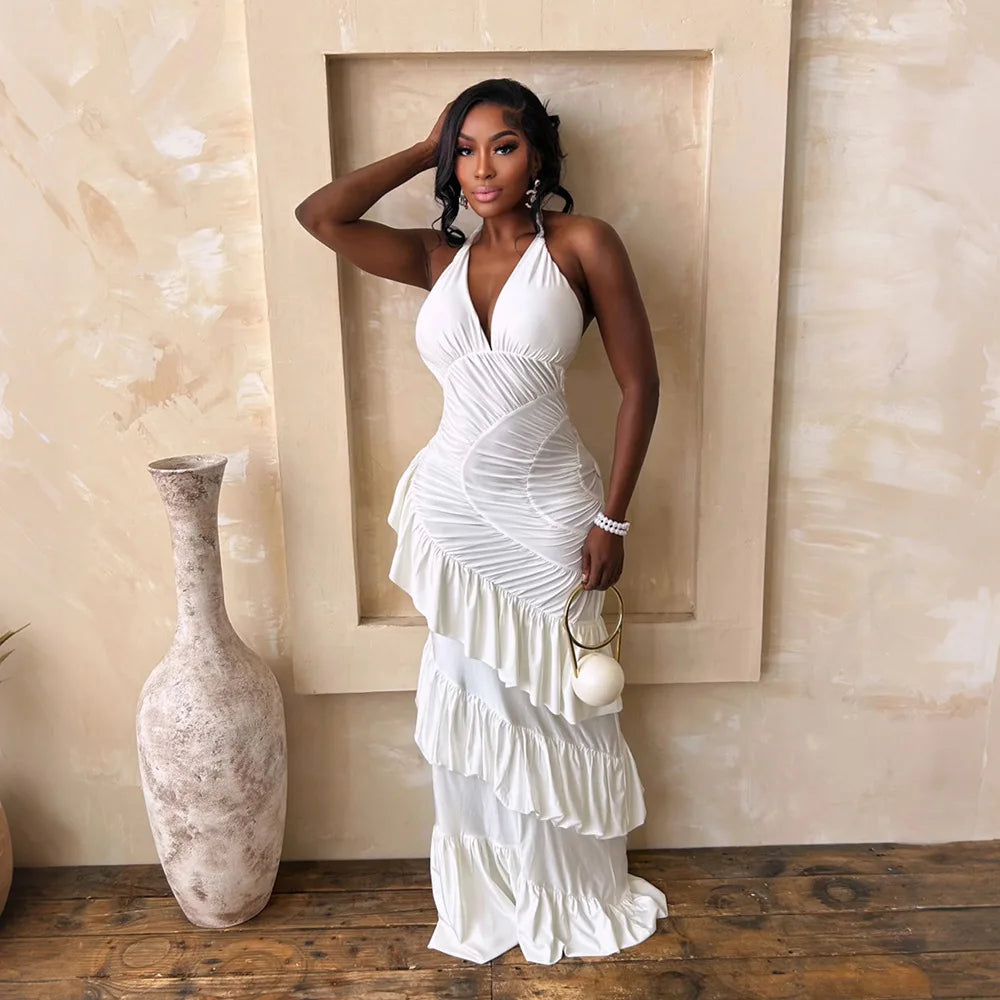 Halter Neck Ruched Satin Mermaid Evening Dress for Women