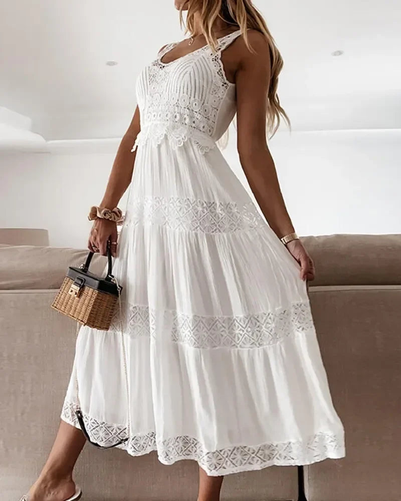 Lace White High Waist Split Sleeveless Dress for Women