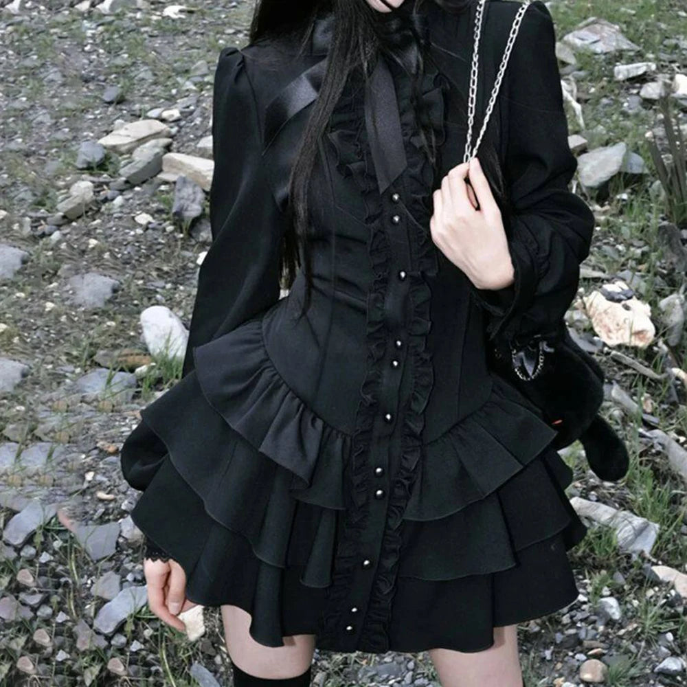 Black Gothic Long Sleeve Bow Tie Stand Collar Dress For Women