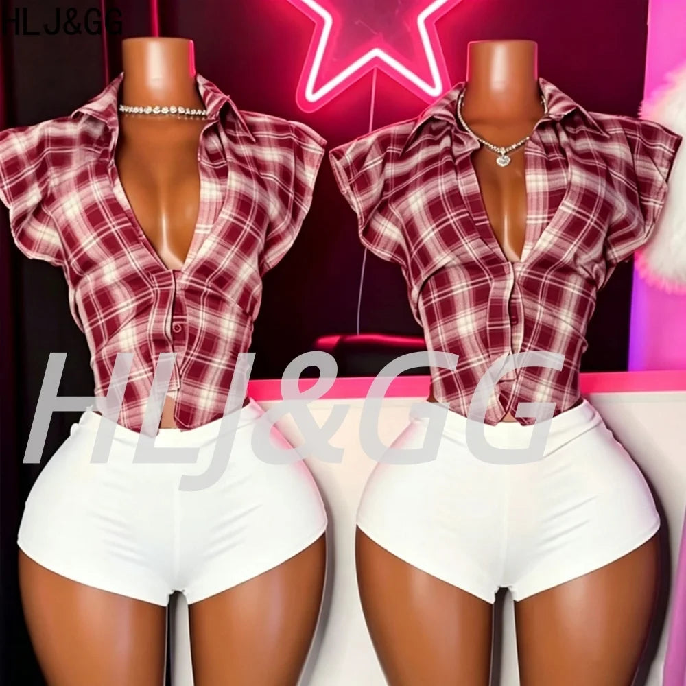 Plaid Print Deep V Neck Sleeveless Hollow Two Piece Set for Women