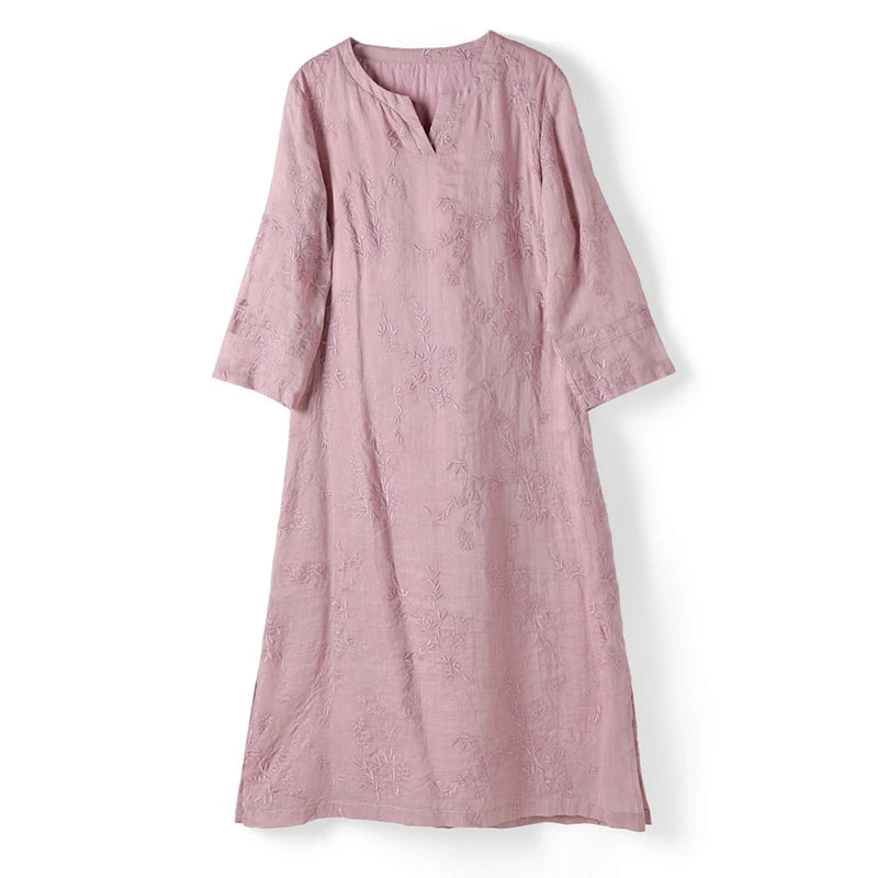 Elegant Embroidered Ramie Linen Knee Length Dress for Women