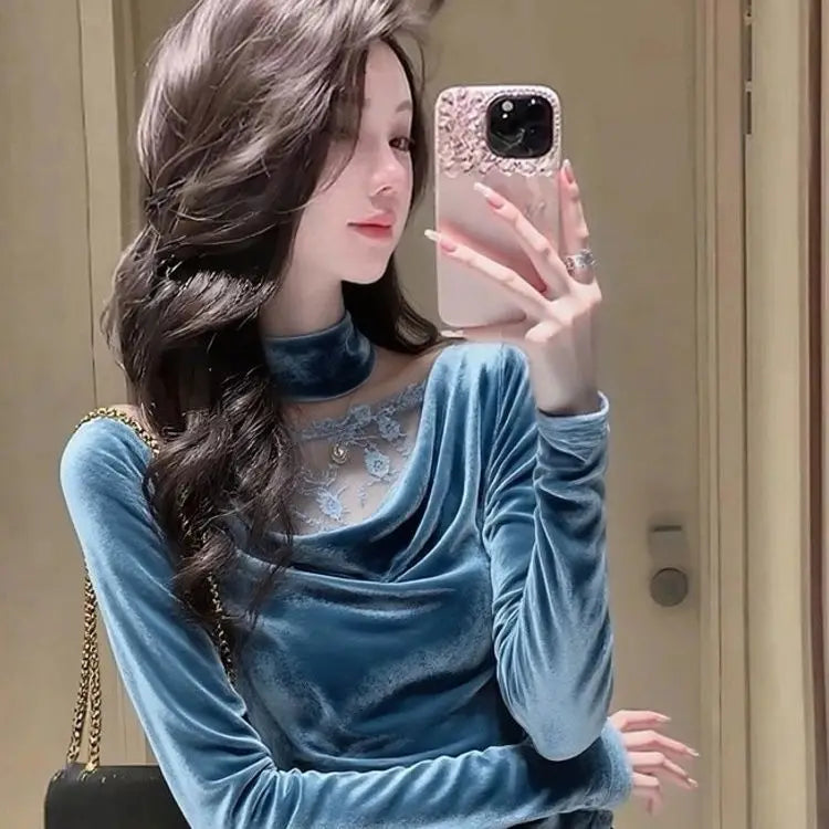 Elegant Blue Velvet Lace Trim Slim Fit Blouse For Women