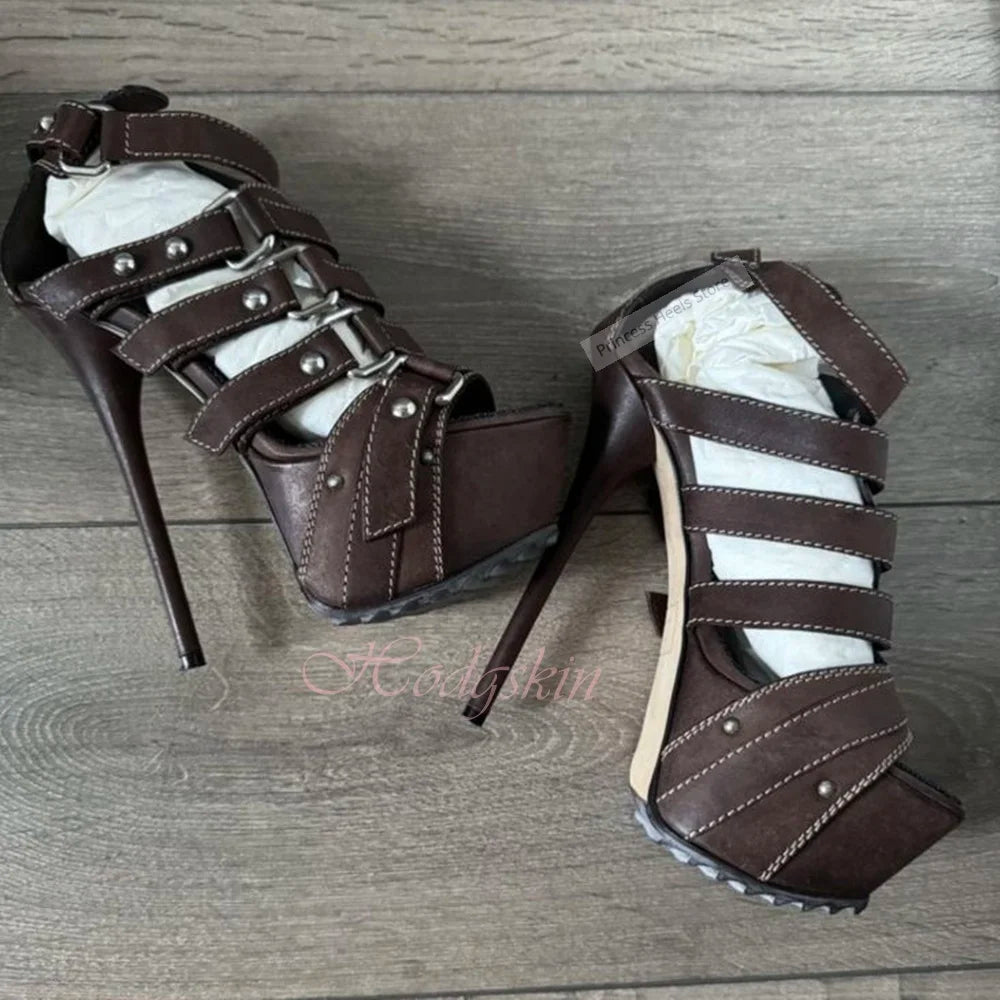 Leather Upper Buckle Strap Platform Stiletto Sandals for Women