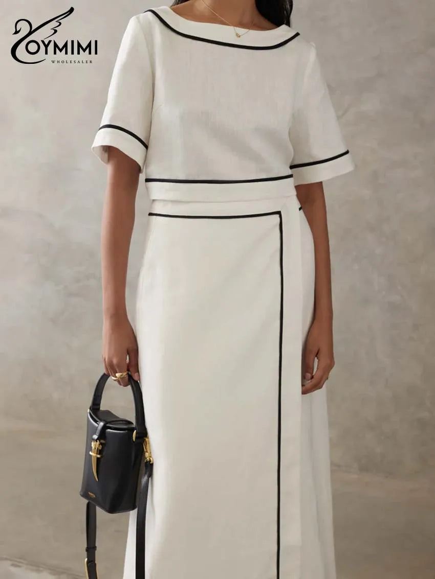 Oymimi Fashion White Cotton Two Piece Outfits Woman Elegant O-Neck Patchwork Short Sleeve Open Back Tops And Straight Skirts Set