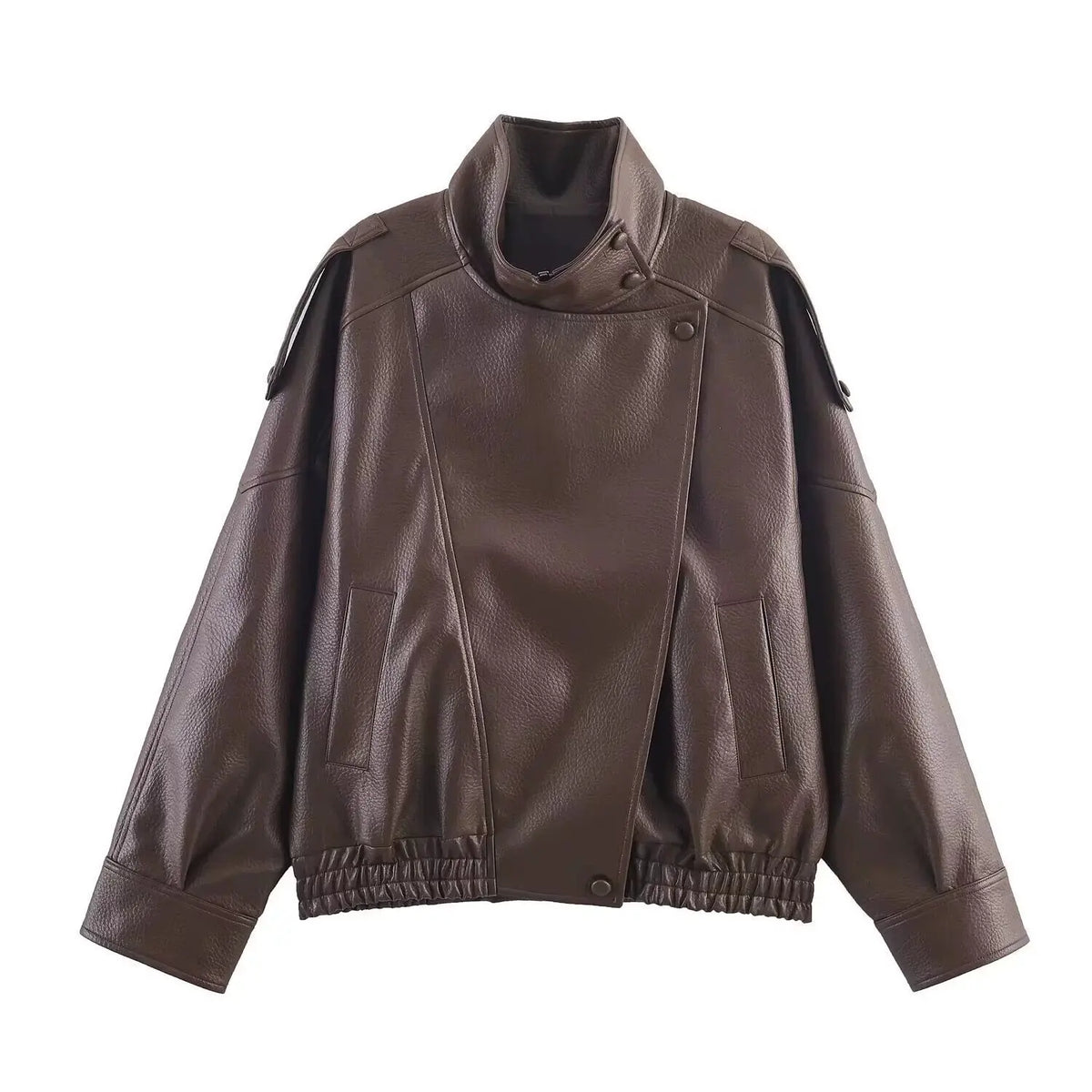 Cropped Oversized Black Leather Bomber Jacket for Women
