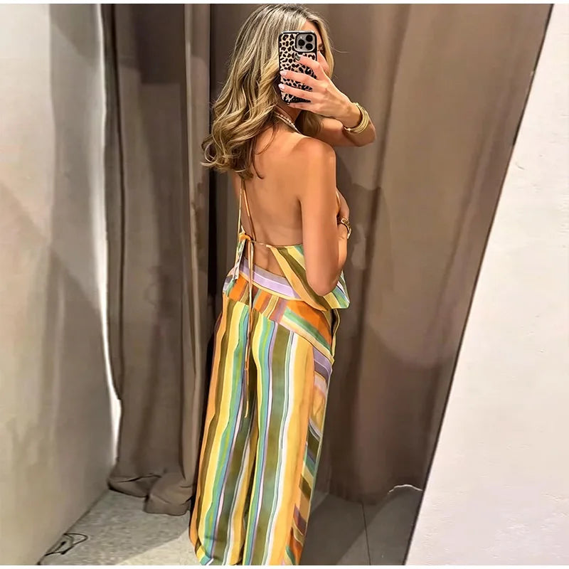 Cotton Striped High Waist Two Piece Summer Set For Women
