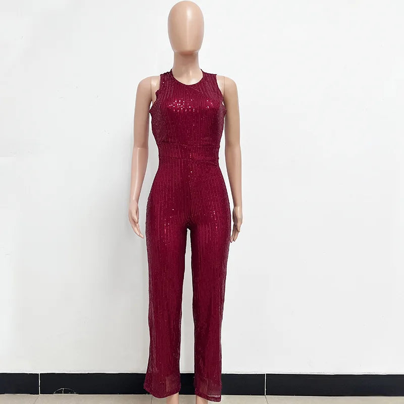Elegant Silver Sequined Straight Cut Jumpsuit for Women