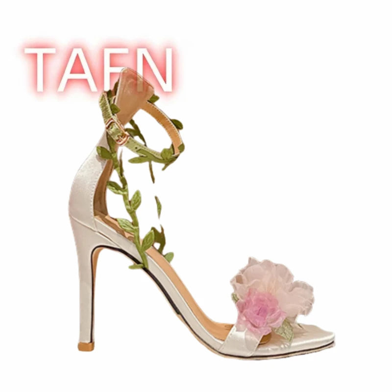 Floral Ankle Strap Open Toe Stiletto Sandals for Women