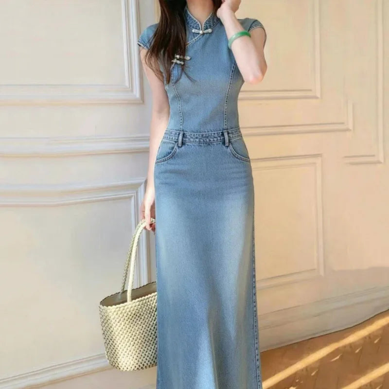 ANJY Spring Summer New Women Chinese Style Washed Denim Cheongsam Dress Elegant Vintage Design Niche Stylish Long Dresses A25172