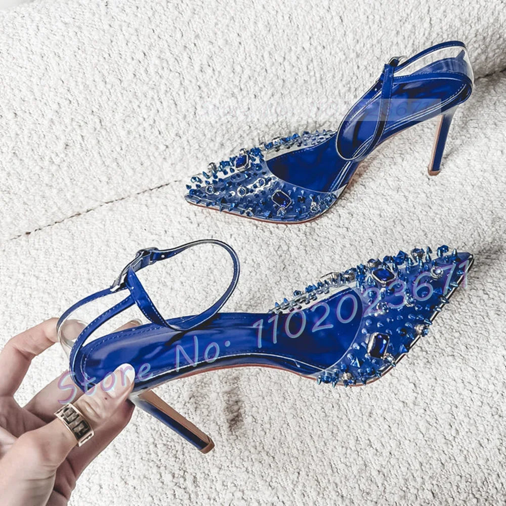 Clear Crystal Studded Pointy Toe Ankle Strap Sandals For Women