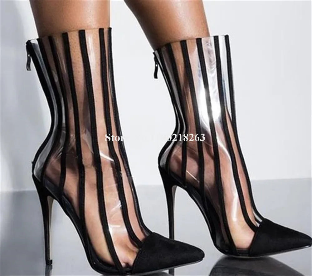Transparent Patchwork Pointed Toe Stiletto Ankle Boots for Women