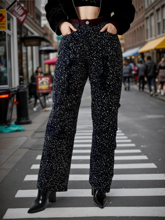 2025 New Women's Fashion Street Style Diamond Inlaid Work Jeans, Shiny Fashion Jeans, Functional Pockets, Women's Jeans