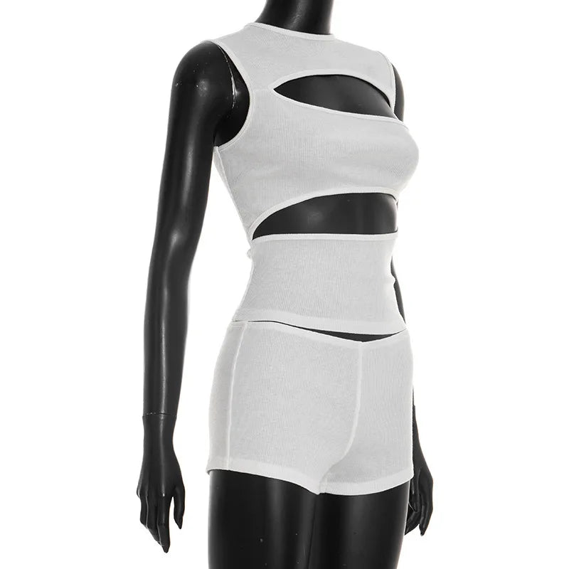 Hollow-Out Patchwork Crop Top and Shorts Set for Women