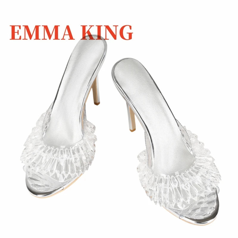 Clear PVC High Heel Beaded Open Toe Mules for Women