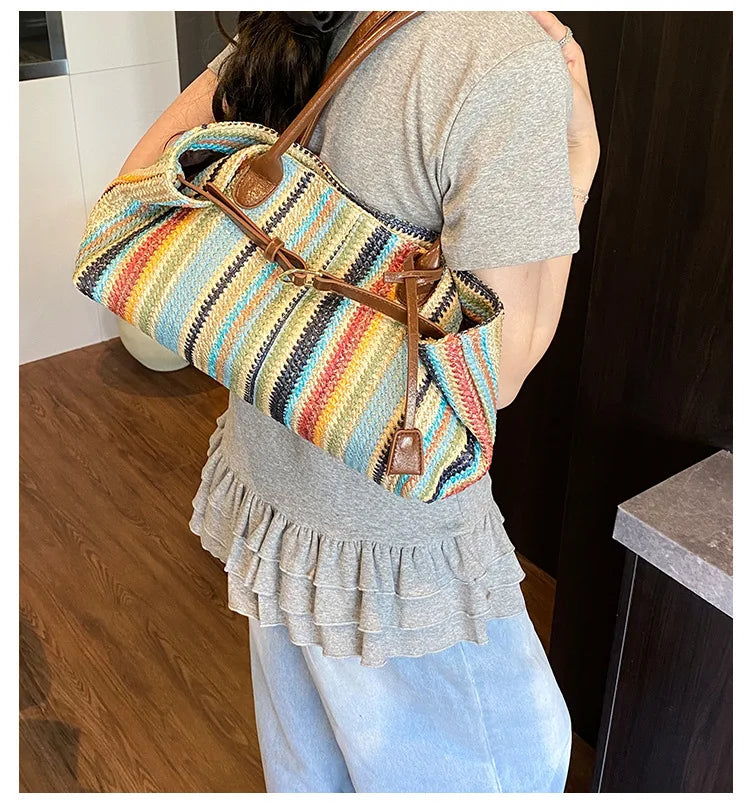 Large capacity rainbow woven tote bag, women's new versatile commuting beach bag, shoulder bag