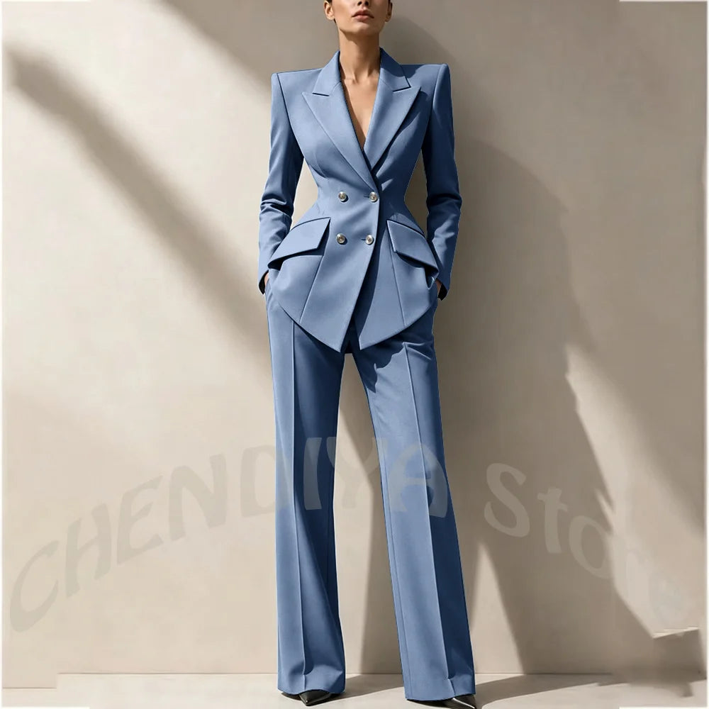New Arrival Women's Two Piece Suit Peak Lapel Slim Fitted Classic Double Breasted Wedding Guest Evening Gala Party Female Set