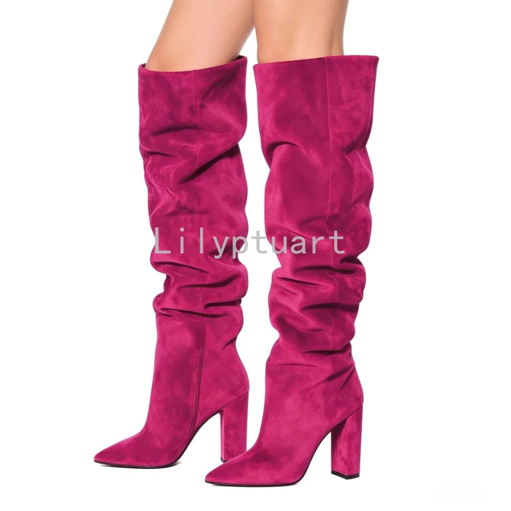 Beige Square Heel Slip-On Over-the-Knee Boots for Women
