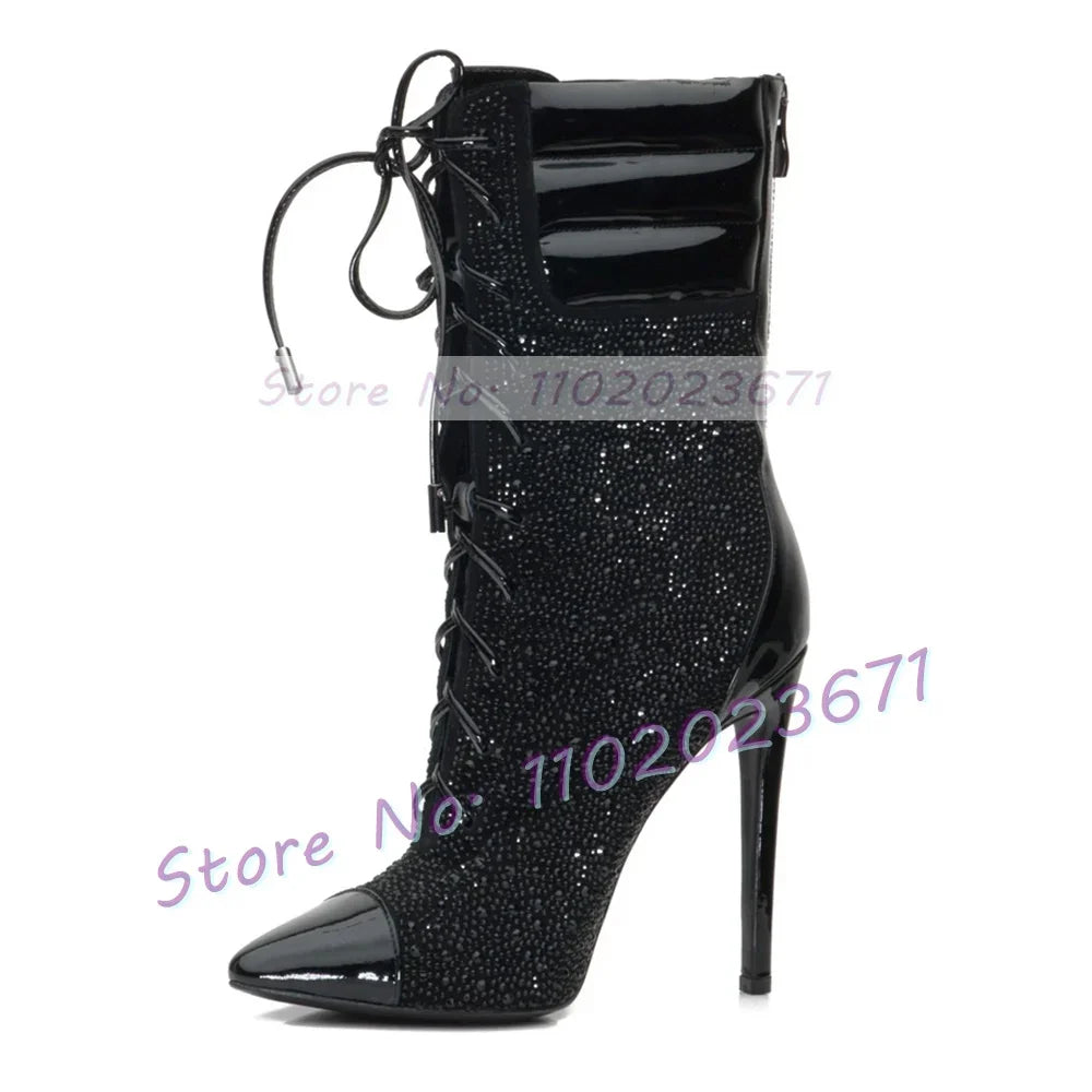 Crystal Paneled Patent Ankle Boots Women Fashion Cross Tied Pointy Toe High Heels Shoe Sexy Ladies Chocolate Brow Back-zip Boots