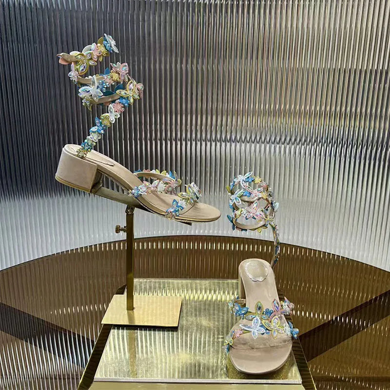 Crystal Strappy Wrap Ankle Stiletto Sandals for Women