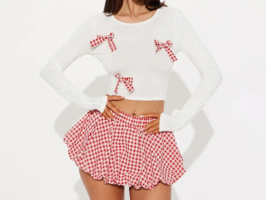 2 Piece Skirt Set for Women Bow Decoration Long Sleeves Top and Versatile Plaid Dresses Y2k Suit Spring and Summer 2025 New
