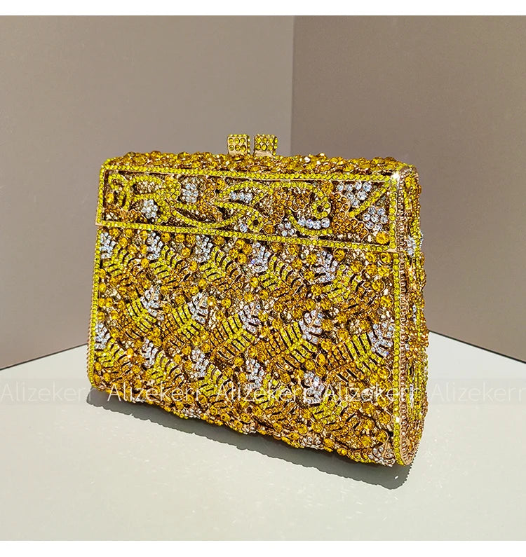 Metallic Leaf Diamond Evening Bag With Rhinestone Accents for Women