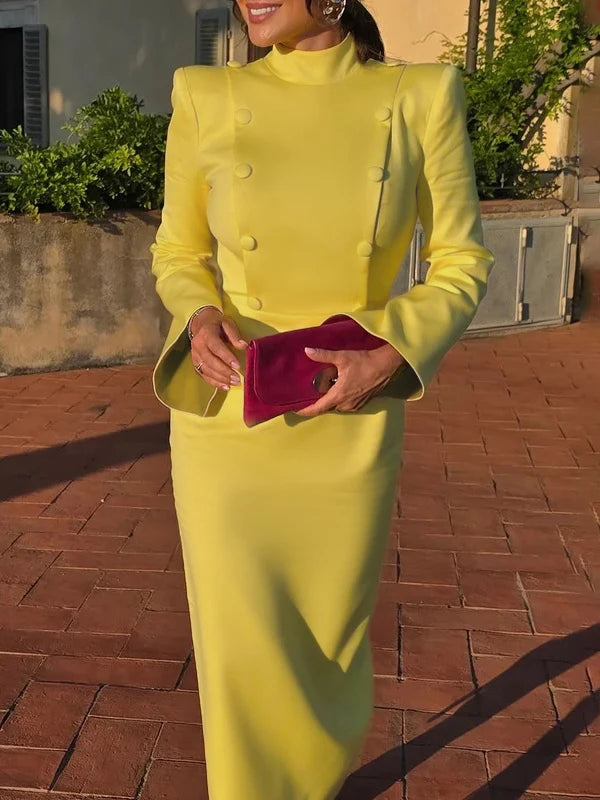 Yeezzi Urban Female Stand Collar Formal Office Dress 2025 New Spring Flared Sleeves Fashion Buttoned High Waisted Midi Dresses