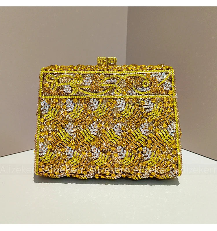 Metallic Leaf Diamond Evening Bag With Rhinestone Accents for Women