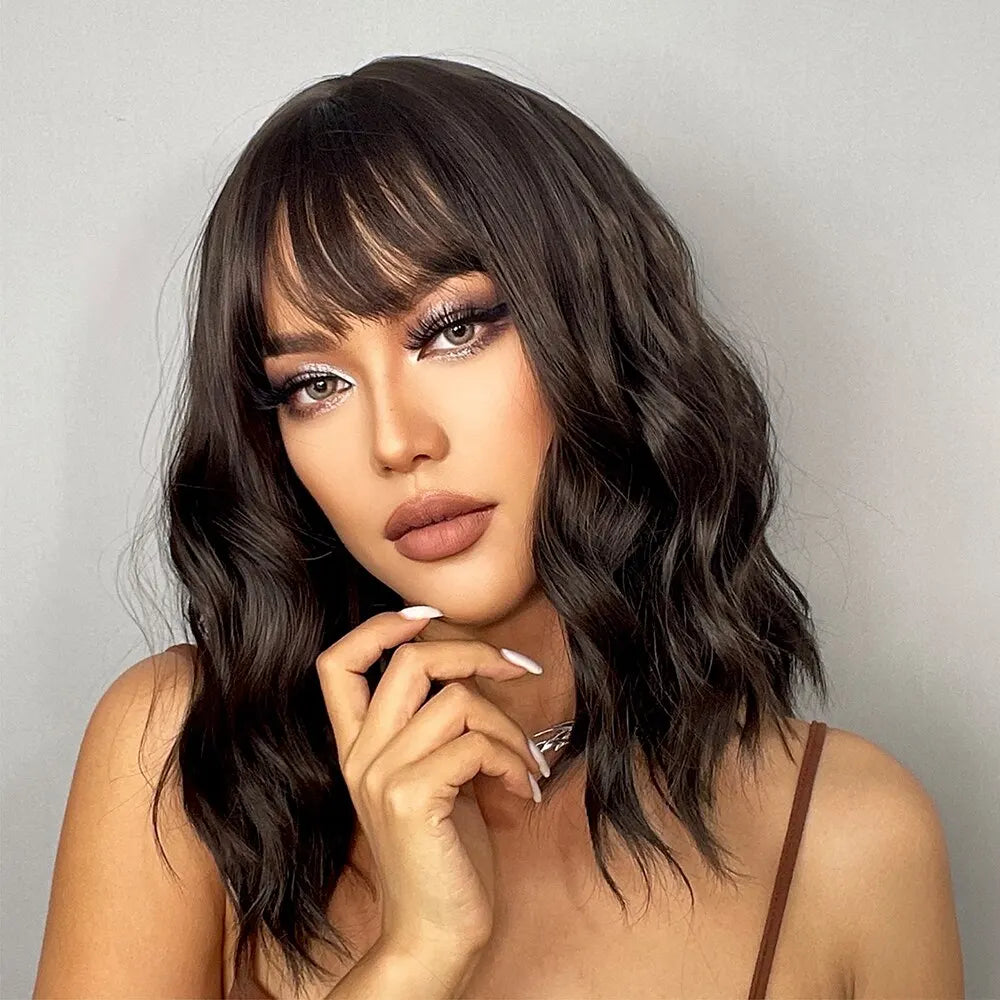 Heat Resistant Short Wavy Bob Wig With Bangs for Women