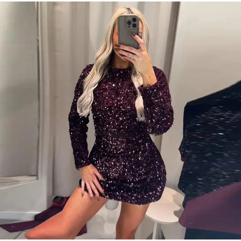 Sequined Paillette Glitter Evening Mini Dress for Women