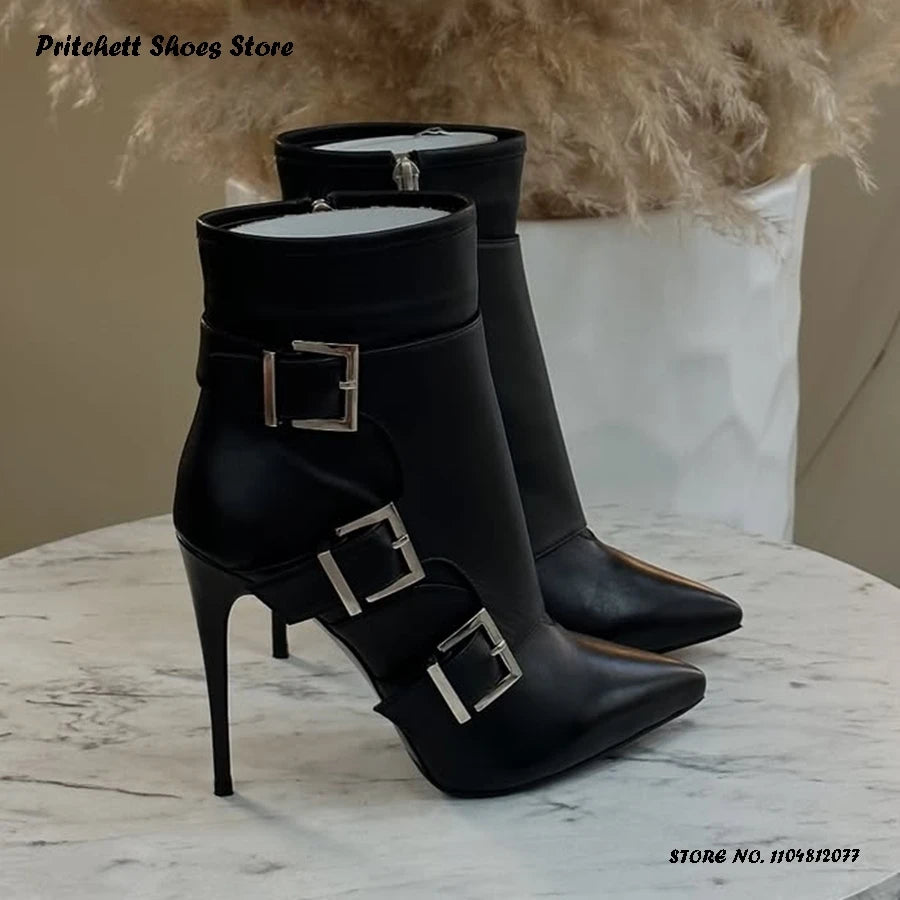 Buckle Detail Pointed Toe Thin Heel Leather Ankle Boots for Women
