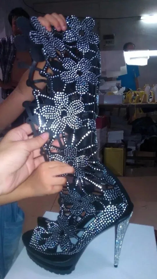 Rhinestone Stiletto Knee High Boots