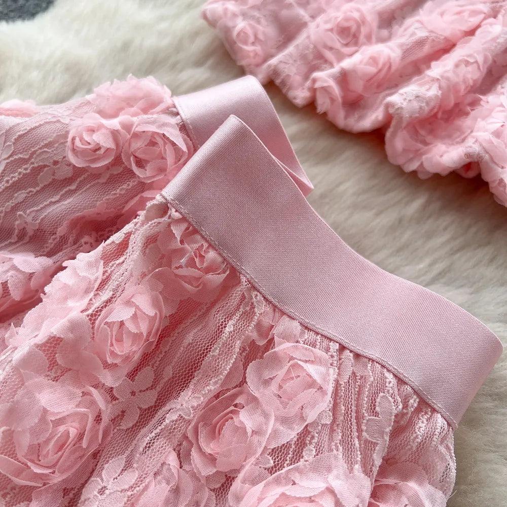 3D Floral Lace Camisole and Pleated Skirt Set for Women