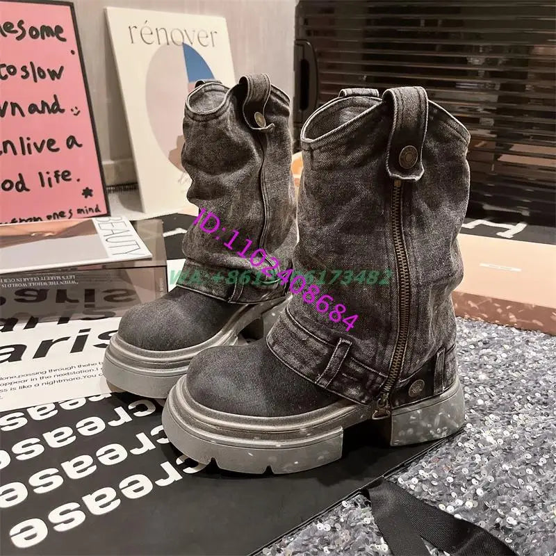 Design Women High Platform Sole Denim Flat Ankle Boots Lady Jeans Ankle Boots Platform Flat Denim Boots