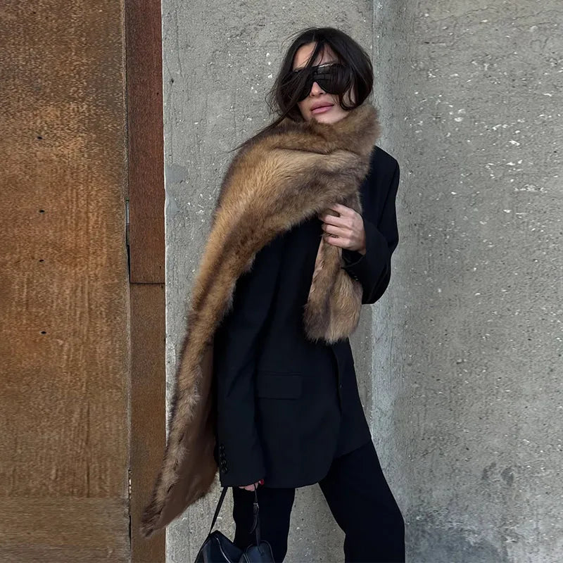 Long Thick Plush Faux Fur Scarf With Fringe for Women