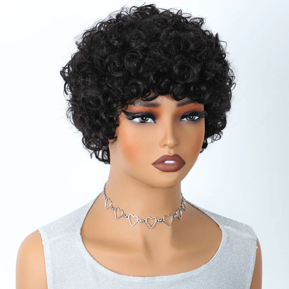 Short Kinky Curly Pixie Bob Human Hair Wig for Women