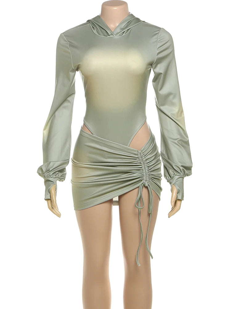 Sisterlinda Sexy Fashion 2 Piece Set Woman Tie-Dye Design Backless Hooded Bodysuits+Shirring Ruched Skirts Midnight Club Outfits