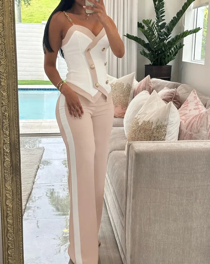 V-Neck Metal Suspender Top Two-Piece Set for Women