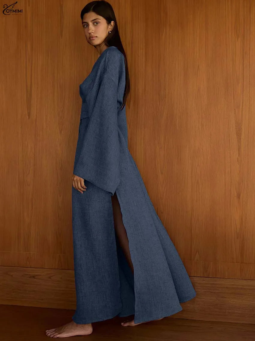 Oymimi Elegant Grey V-Neck Womens Dresses Fashion Long Sleeve Lace-Up Loose Dresses Casual Side Slit Ankle-Length Dress Female