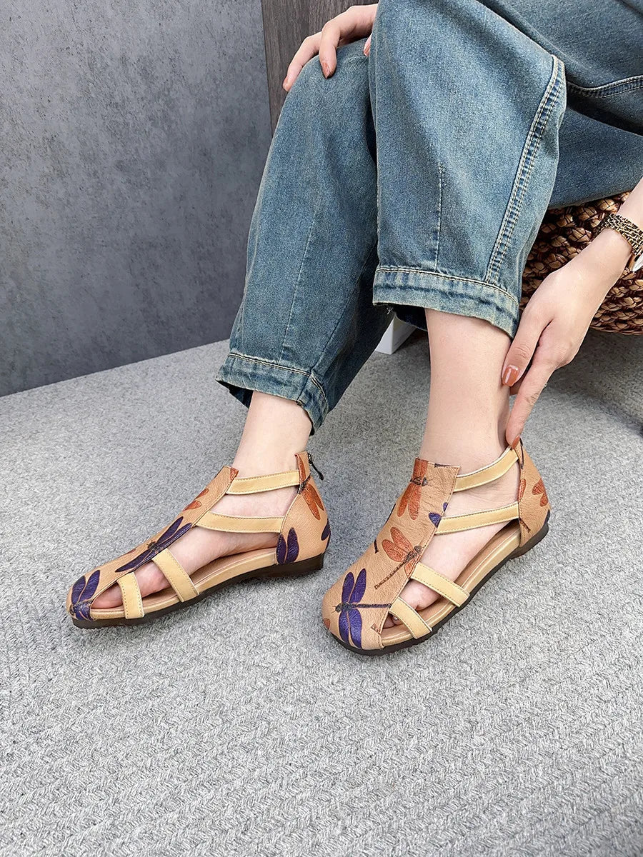 Flat Printed Genuine Leather Roman Sandals for Women