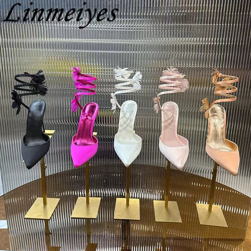 Rhinestone Feather Flower Embellished Ankle Strap High Heel Sandals for Women