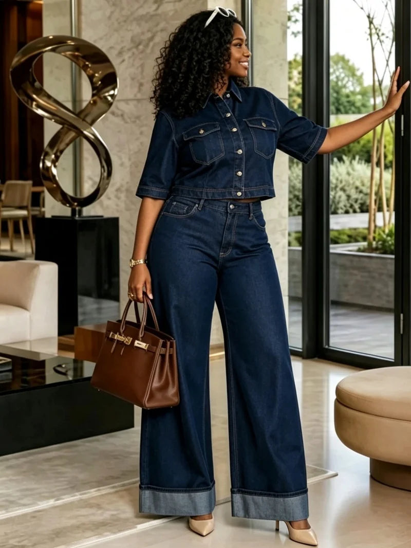 Short Sleeve Denim Two Piece Set With Straight Leg Jeans for Women