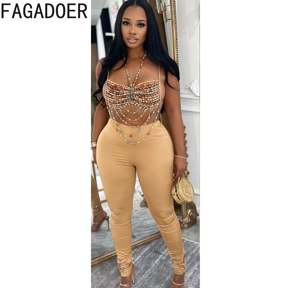 FAGADOER Sexy Beading Patchwork Camisole Bodycon T-shirt Woman Spaghetti Strap Sleeveless Backless Crop Top Female Streetwear