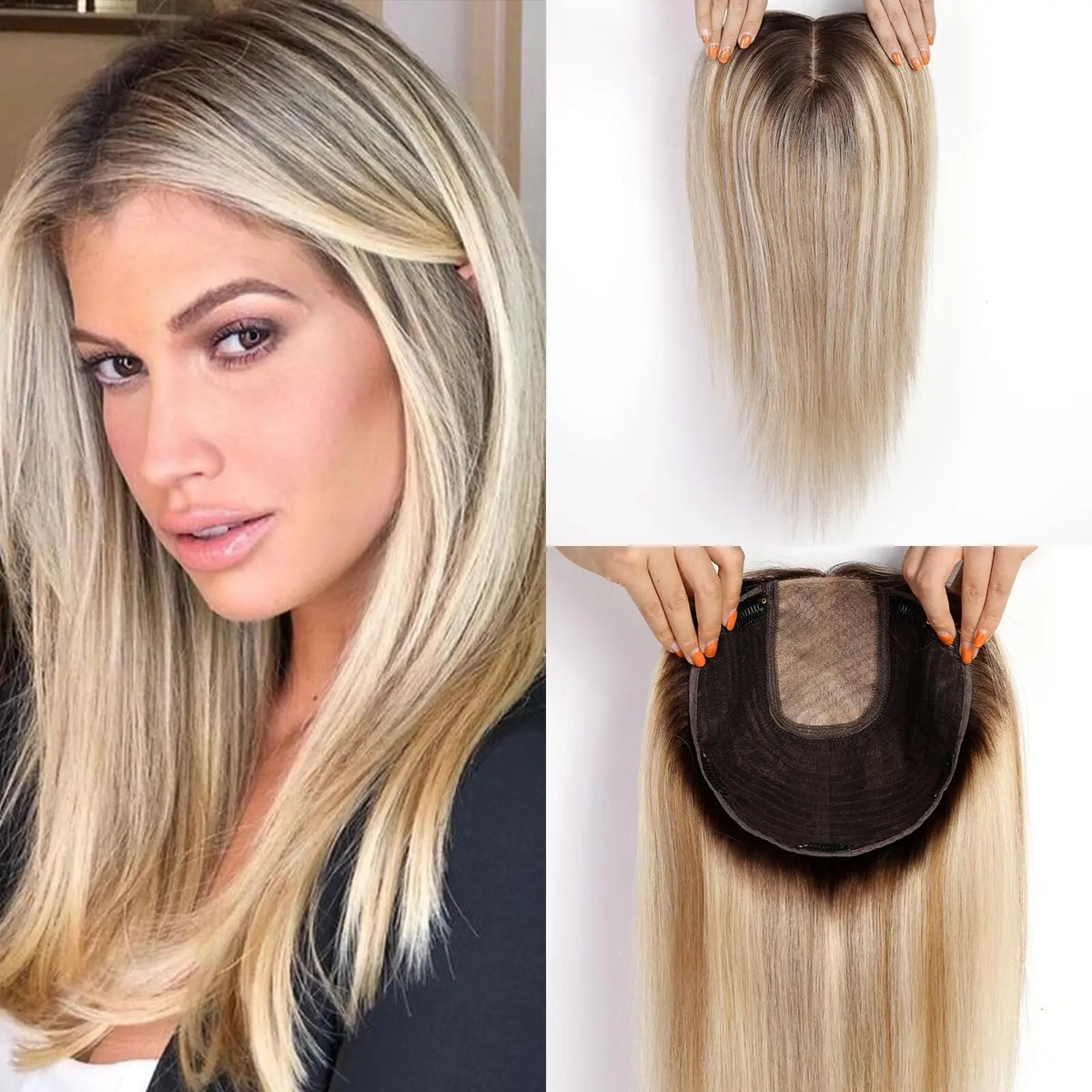 Straight Blonde Dark Root Remy Hair Clip In Topper For Women