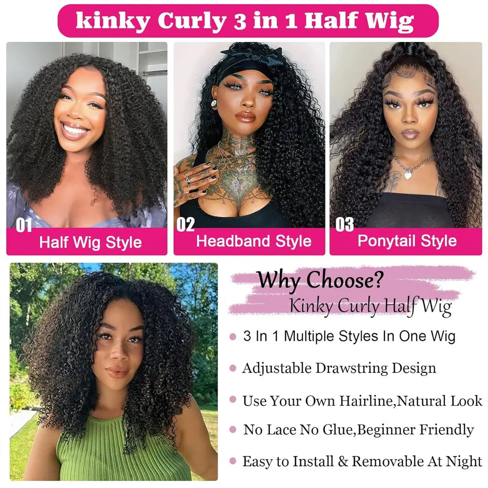 Long Remy Kinky Curly Human Hair Half Wig for Women