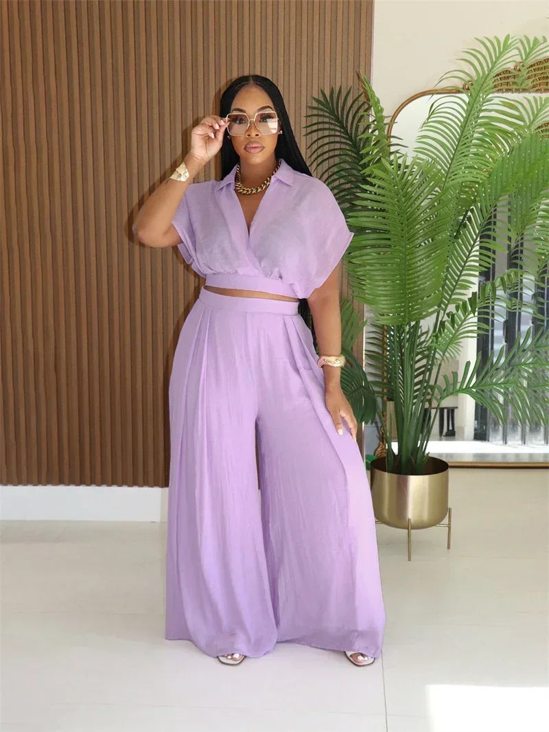 Relaxed Casual Crop Top And Wide Leg Pants Set for Women